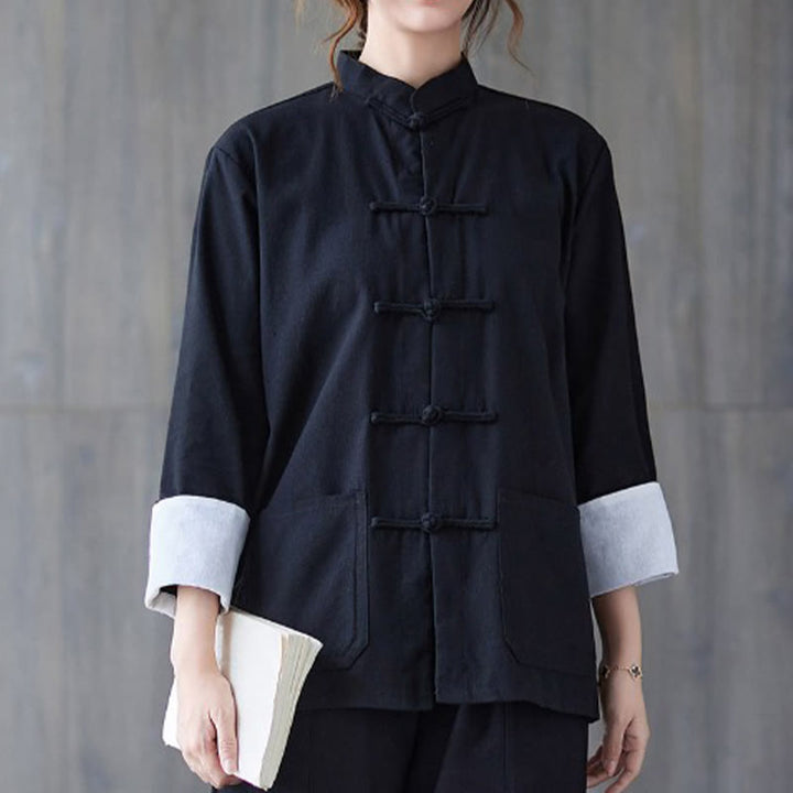 Camisa de manga larga con botones de rana para mujer con Buddha Stones, pantalones de meditación, ropa de lino y algodón - Camisa negra - US8-10，UK/AU12-14，EU40-42 (2XL) - image 4