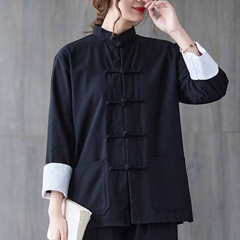 Camisa de manga larga con botones de rana para mujer con Buddha Stones, pantalones de meditación, ropa de lino y algodón