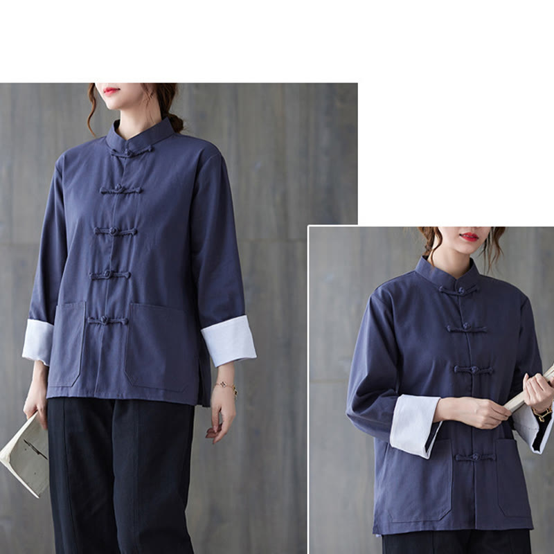 Camisa de manga larga con botones de rana para mujer con Buddha Stones, pantalones de meditación, ropa de lino y algodón