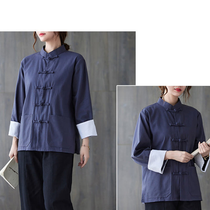 Camisa de manga larga con botones de rana para mujer con Buddha Stones, pantalones de meditación, ropa de lino y algodón