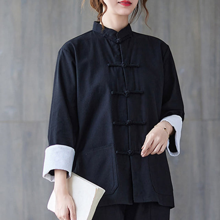 Camisa de manga larga con botones de rana para mujer con Buddha Stones, pantalones de meditación, ropa de lino y algodón - image 6