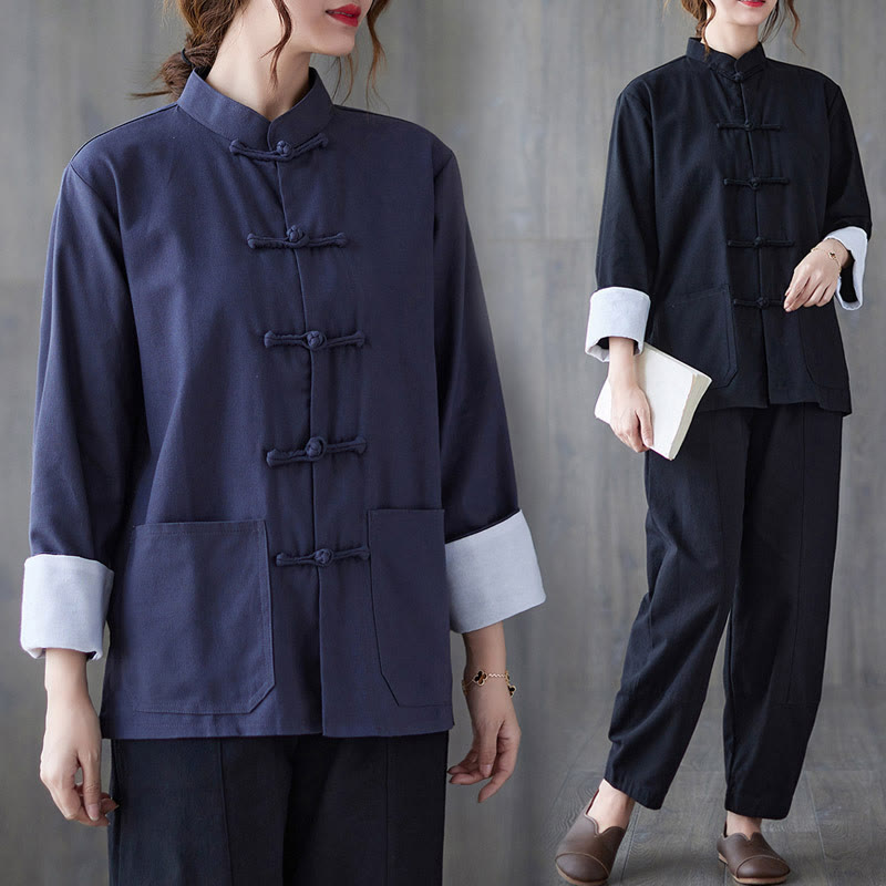 Conjunto de ropa de meditación para mujer con camisa de manga larga y botones de rana de Buddha Stones. - image 20