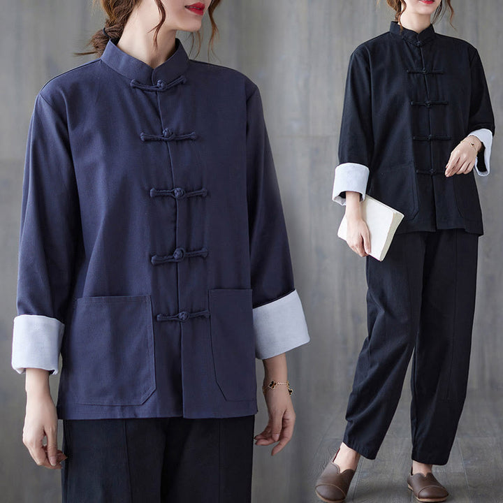 Conjunto de ropa de meditación para mujer con camisa de manga larga y botones de rana de Buddha Stones. - image 20