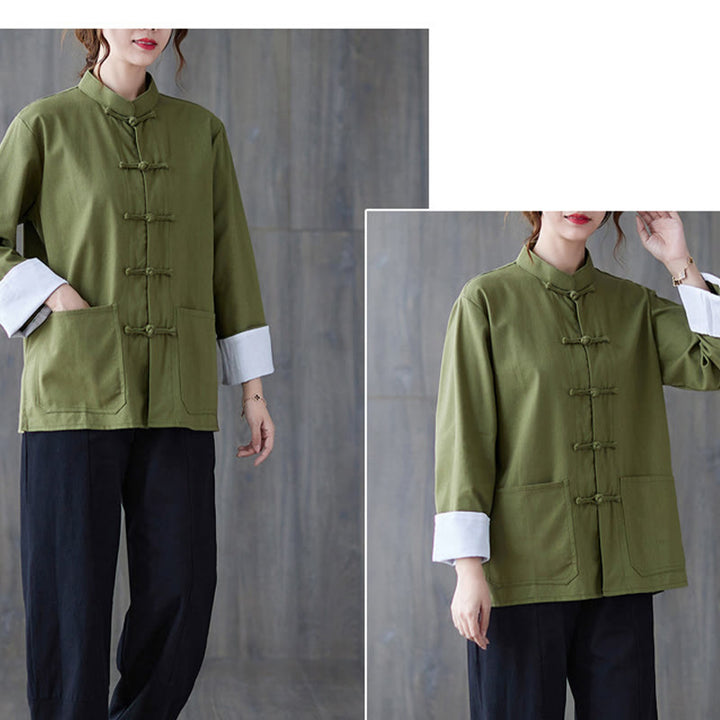 Camisa de manga larga con botones de rana para mujer con Buddha Stones, pantalones de meditación, ropa de lino y algodón