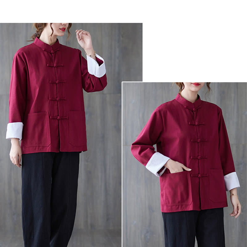Camisa de manga larga con botones de rana para mujer con Buddha Stones, pantalones de meditación, ropa de lino y algodón