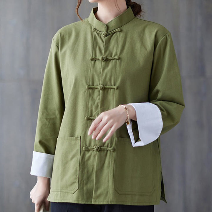 Camisa de manga larga con botones de rana para mujer con Buddha Stones, pantalones de meditación, ropa de lino y algodón