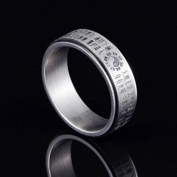 Anillo giratorio de equilibrio de acero de titanio con caracteres chinos Bagua Yin Yang y Buddha Stones
