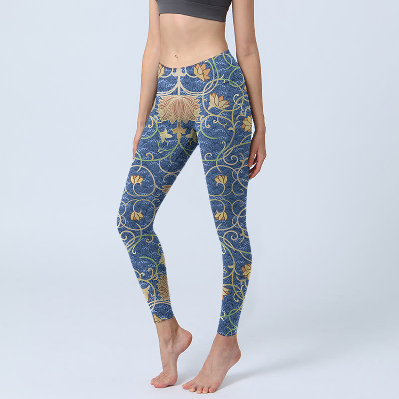 Leggings deportivos con estampado de flores de loto y Buddha Stones para mujer - Azul acero - US18，UK/AU22，EU50 (4XL) - image 0