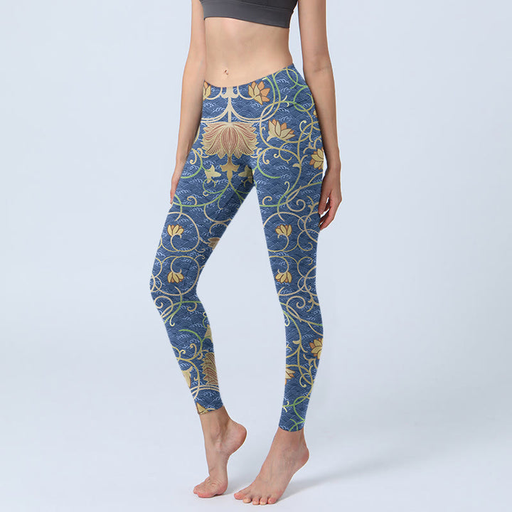 Leggings deportivos con estampado de flores de loto y Buddha Stones para mujer - Azul acero - US18，UK/AU22，EU50 (4XL) - image 0