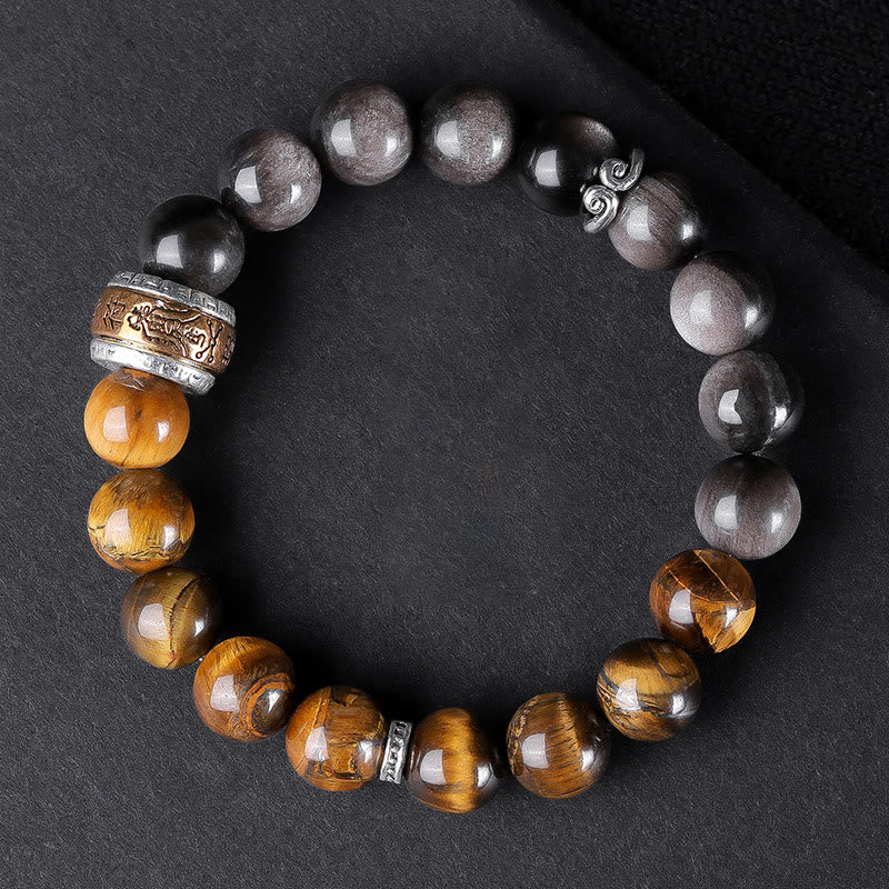 Pulsera de fuerza con seis palabras verdaderas 'Om Mani Padme Hum', obsidiana, ojo de tigre y Buddha Stones