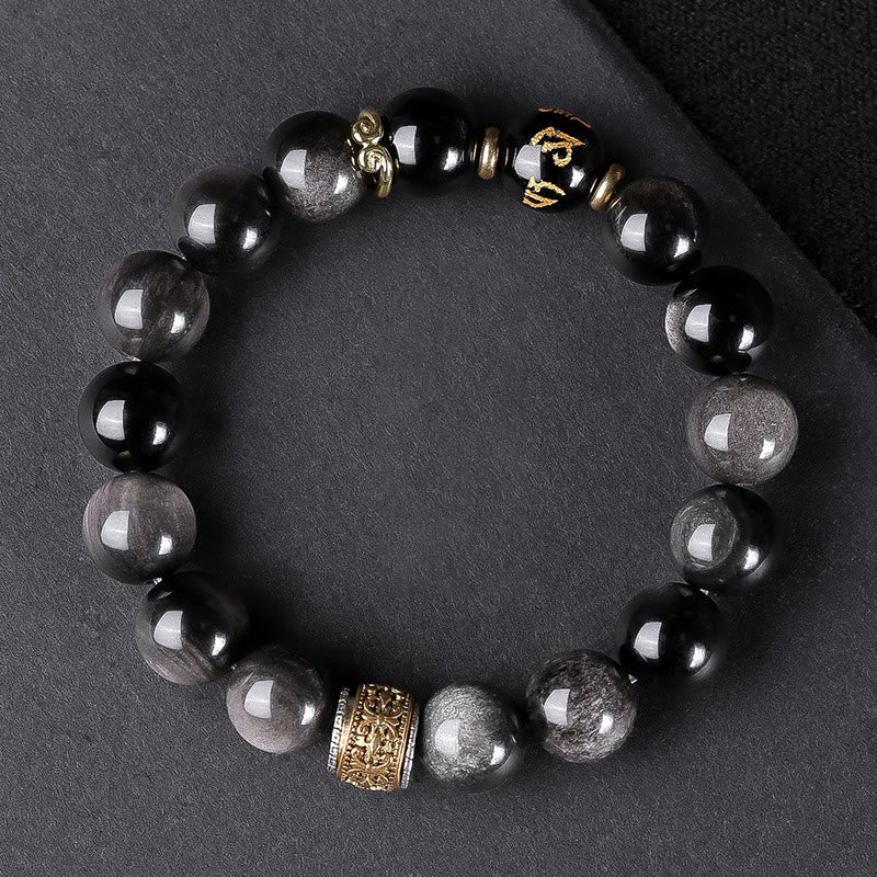 Pulsera de fuerza con seis palabras verdaderas 'Om Mani Padme Hum', obsidiana, ojo de tigre y Buddha Stones