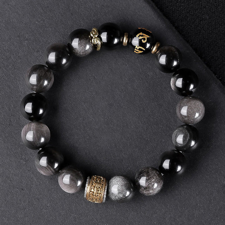 Pulsera de fuerza con seis palabras verdaderas 'Om Mani Padme Hum', obsidiana, ojo de tigre y Buddha Stones