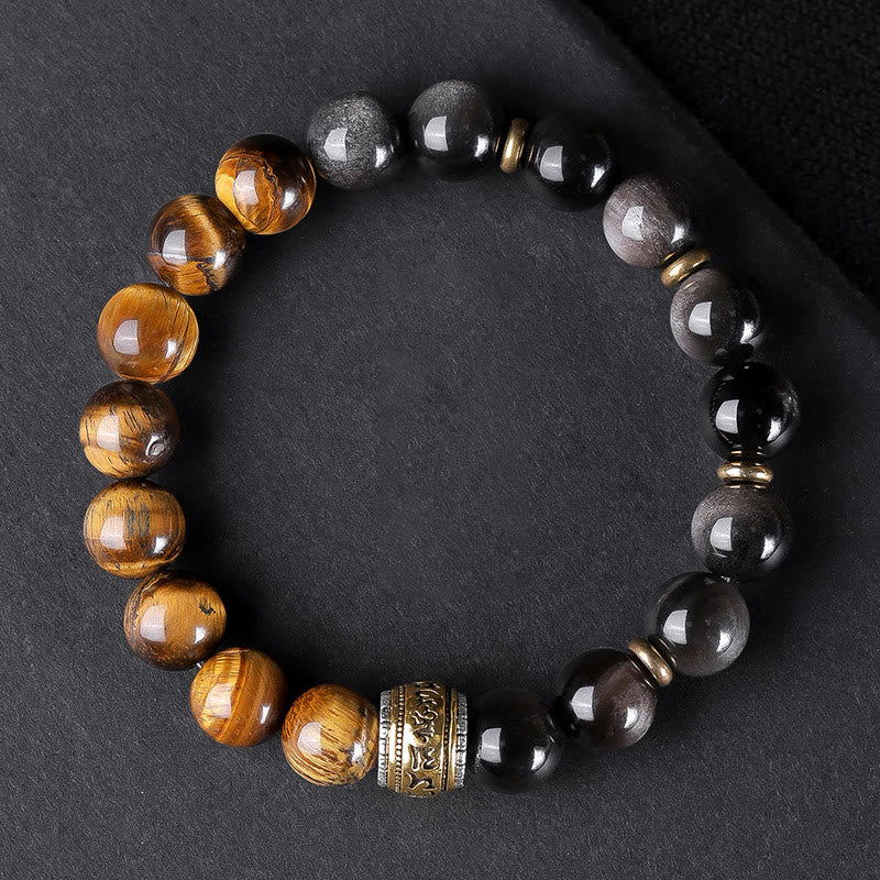 Pulsera de fuerza con seis palabras verdaderas 'Om Mani Padme Hum', obsidiana, ojo de tigre y Buddha Stones
