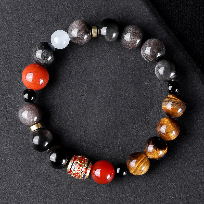 Pulsera de fuerza con seis palabras verdaderas 'Om Mani Padme Hum', obsidiana, ojo de tigre y Buddha Stones