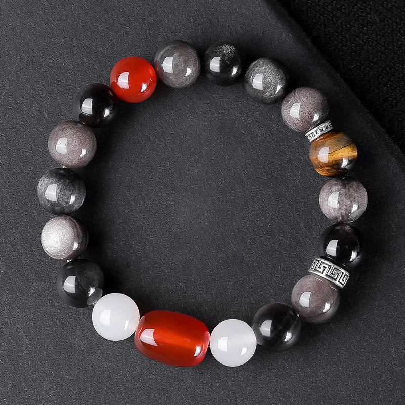 Pulsera de fuerza con seis palabras verdaderas 'Om Mani Padme Hum', obsidiana, ojo de tigre y Buddha Stones