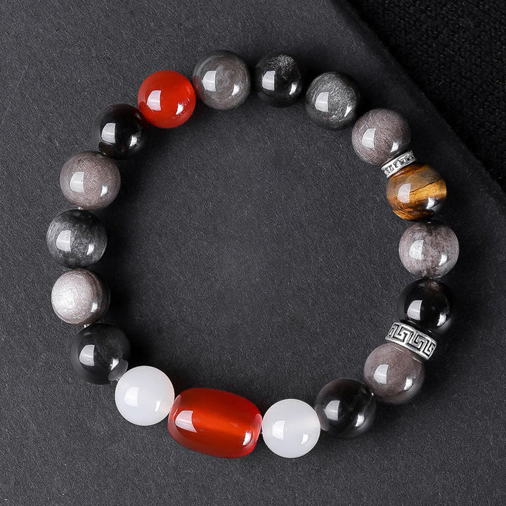 Pulsera de fuerza con seis palabras verdaderas 'Om Mani Padme Hum', obsidiana, ojo de tigre y Buddha Stones