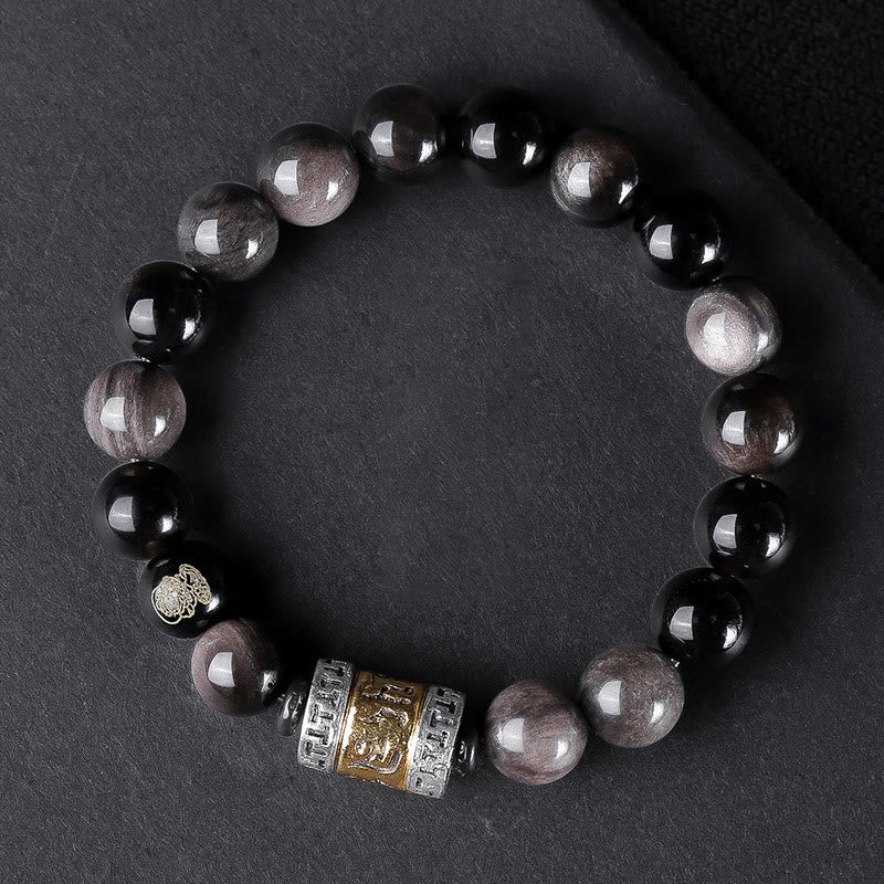 Pulsera de fuerza con seis palabras verdaderas 'Om Mani Padme Hum', obsidiana, ojo de tigre y Buddha Stones