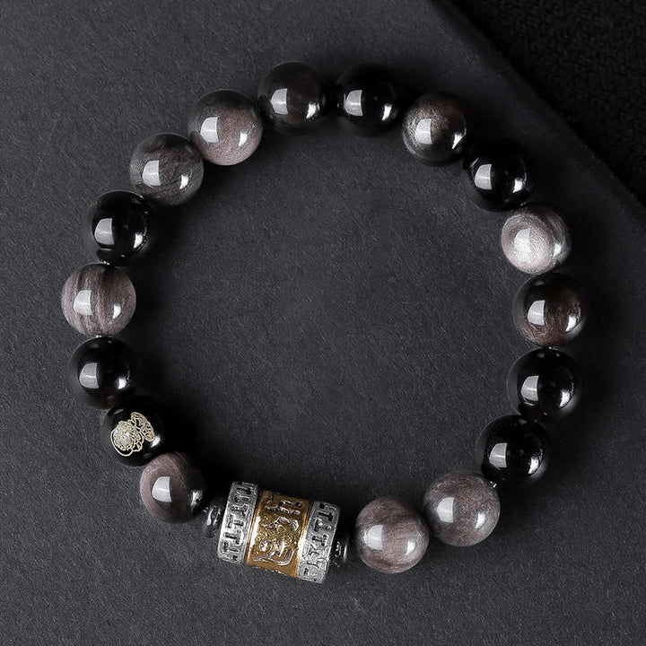 Pulsera de fuerza con seis palabras verdaderas 'Om Mani Padme Hum', obsidiana, ojo de tigre y Buddha Stones