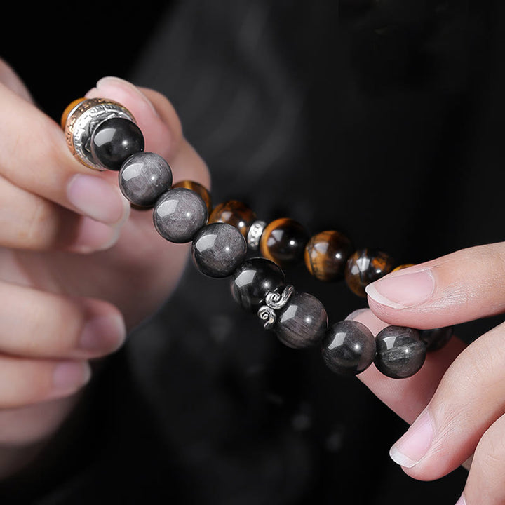 Pulsera de fuerza con seis palabras verdaderas 'Om Mani Padme Hum', obsidiana, ojo de tigre y Buddha Stones