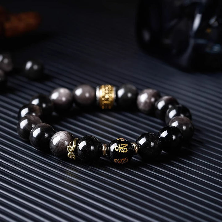 Pulsera de fuerza con seis palabras verdaderas 'Om Mani Padme Hum', obsidiana, ojo de tigre y Buddha Stones