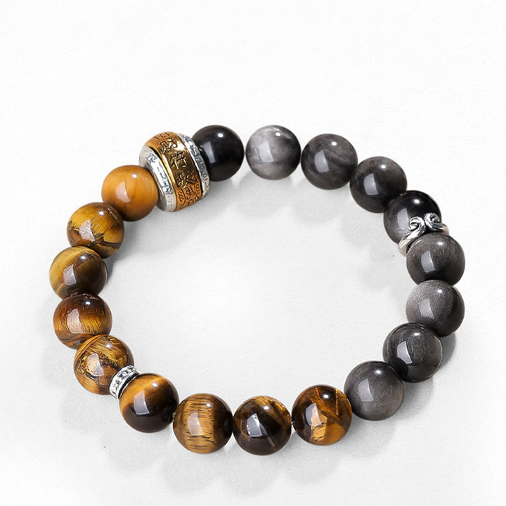 Pulsera de fuerza con seis palabras verdaderas 'Om Mani Padme Hum', obsidiana, ojo de tigre y Buddha Stones
