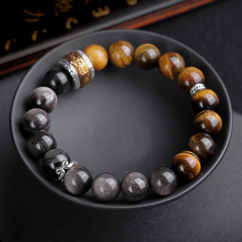 Pulsera de fuerza con seis palabras verdaderas 'Om Mani Padme Hum', obsidiana, ojo de tigre y Buddha Stones