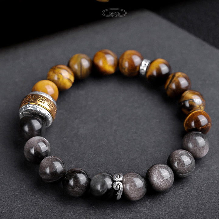 Pulsera de fuerza con seis palabras verdaderas 'Om Mani Padme Hum', obsidiana, ojo de tigre y Buddha Stones
