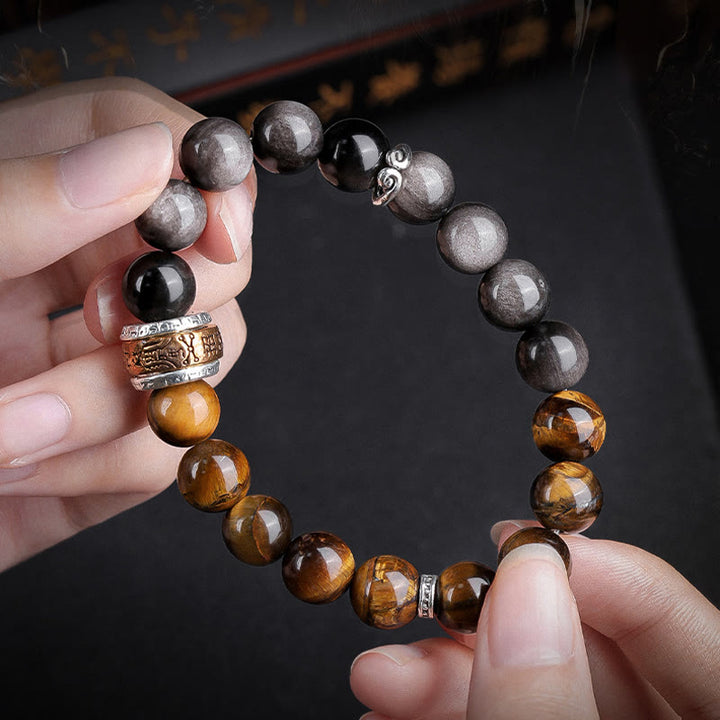 Pulsera de fuerza con seis palabras verdaderas 'Om Mani Padme Hum', obsidiana, ojo de tigre y Buddha Stones