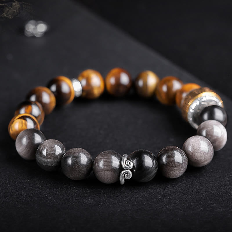 Pulsera de fuerza con seis palabras verdaderas 'Om Mani Padme Hum', obsidiana, ojo de tigre y Buddha Stones