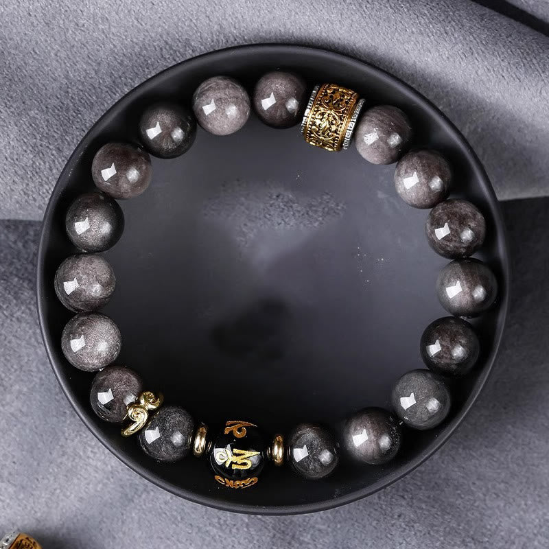 Pulsera de fuerza con seis palabras verdaderas 'Om Mani Padme Hum', obsidiana, ojo de tigre y Buddha Stones