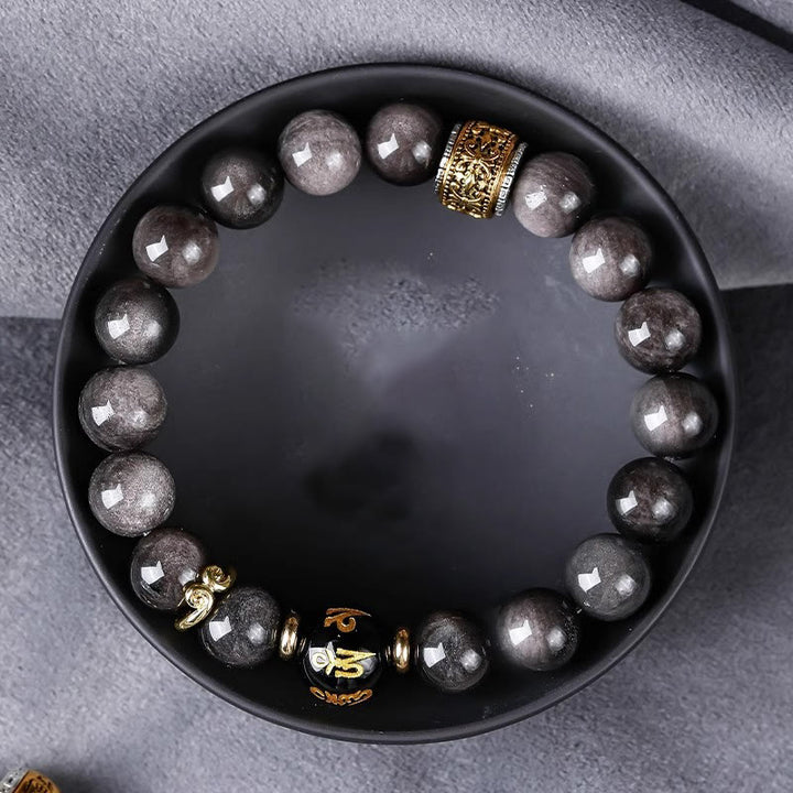 Pulsera de fuerza con seis palabras verdaderas 'Om Mani Padme Hum', obsidiana, ojo de tigre y Buddha Stones