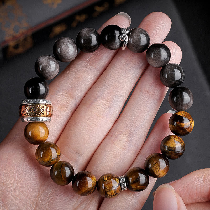 Pulsera de fuerza con seis palabras verdaderas 'Om Mani Padme Hum', obsidiana, ojo de tigre y Buddha Stones