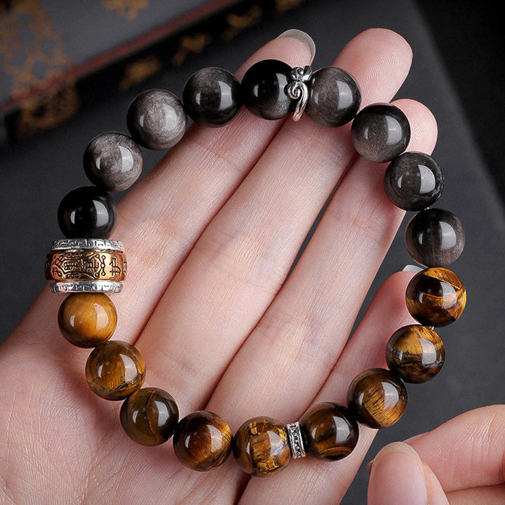 Pulsera de fuerza con seis palabras verdaderas 'Om Mani Padme Hum', obsidiana, ojo de tigre y Buddha Stones