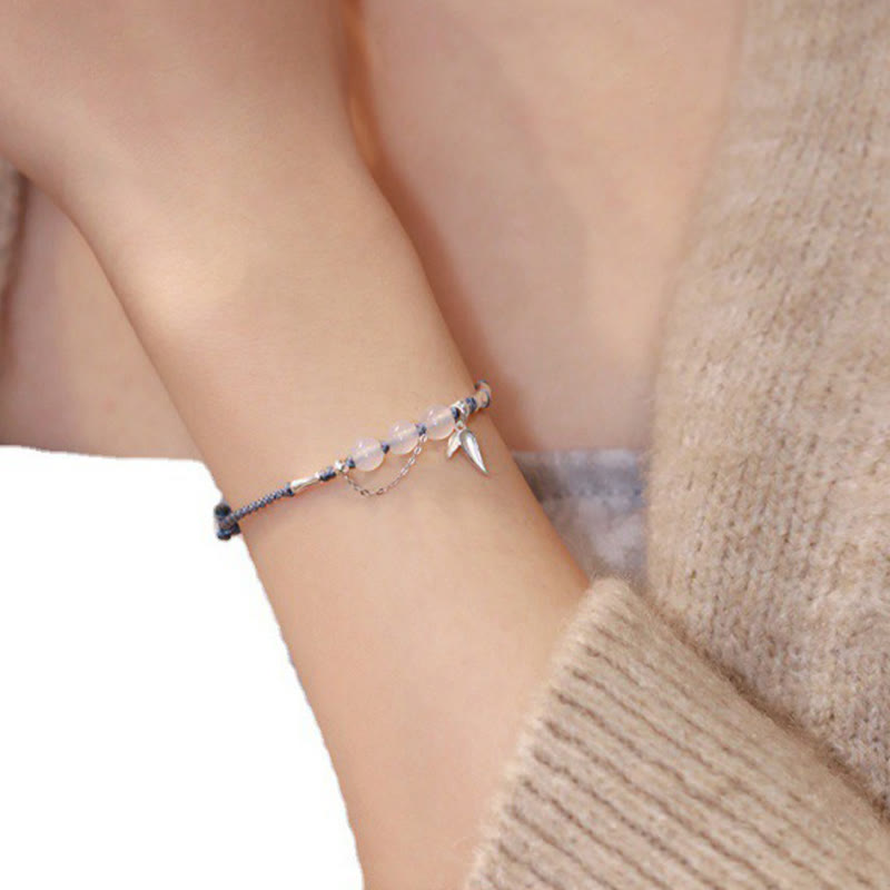 Pulsera trenzada con bendición de cuentas de calcedonia, jade hetiano, hojas de bambú y plata de ley 925 con Buddha Stones