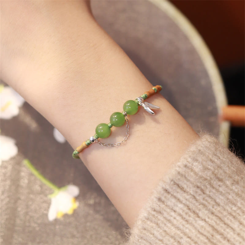Pulsera trenzada con bendición de cuentas de calcedonia, jade hetiano, hojas de bambú y plata de ley 925 con Buddha Stones