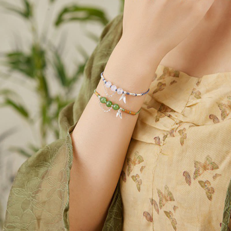 Pulsera trenzada con bendición de cuentas de calcedonia, jade hetiano, hojas de bambú y plata de ley 925 con Buddha Stones