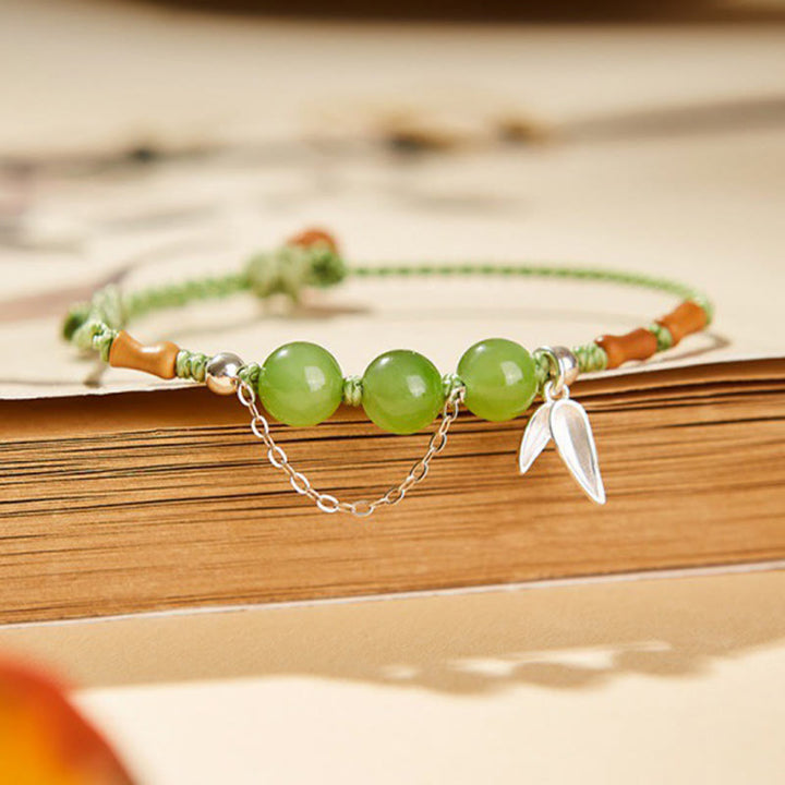 Pulsera trenzada con bendición de cuentas de calcedonia, jade hetiano, hojas de bambú y plata de ley 925 con Buddha Stones