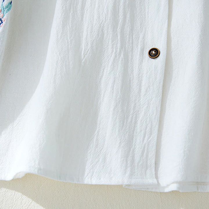 Camisas de mujer de lino y algodón con botones y manga larga con bordado geométrico de Buddha Stones - image 12