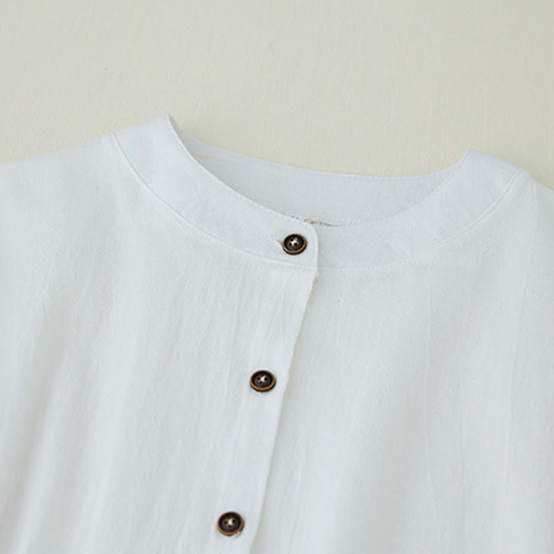 Camisas de mujer de lino y algodón con botones y manga larga con bordado geométrico de Buddha Stones - image 10