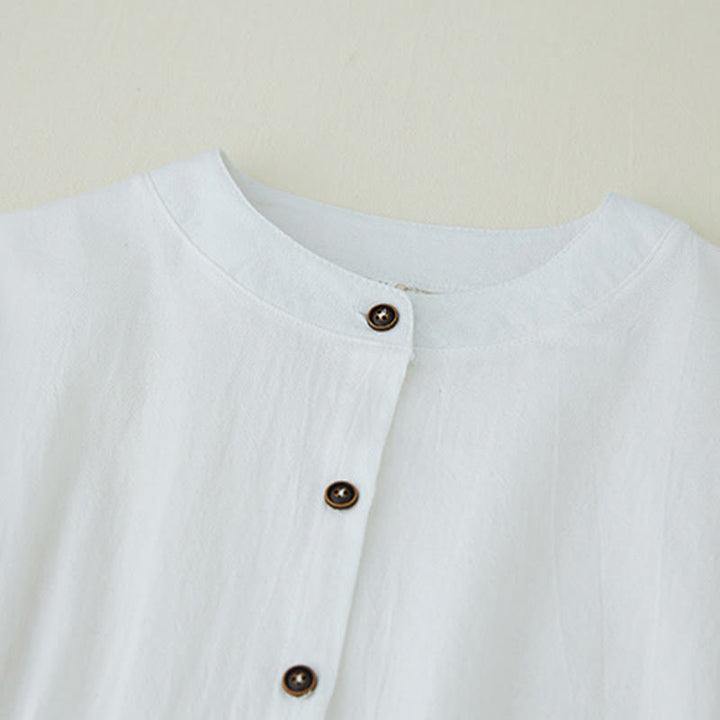 Camisas de mujer de lino y algodón con botones y manga larga con bordado geométrico de Buddha Stones