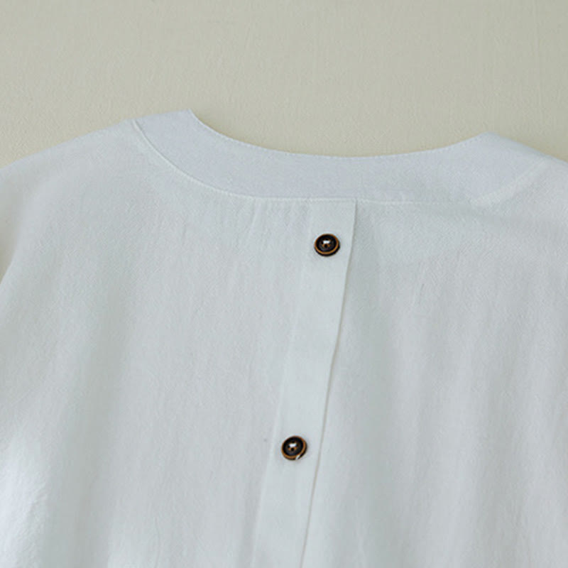 Camisas de mujer de lino y algodón con botones y manga larga con bordado geométrico de Buddha Stones - image 11