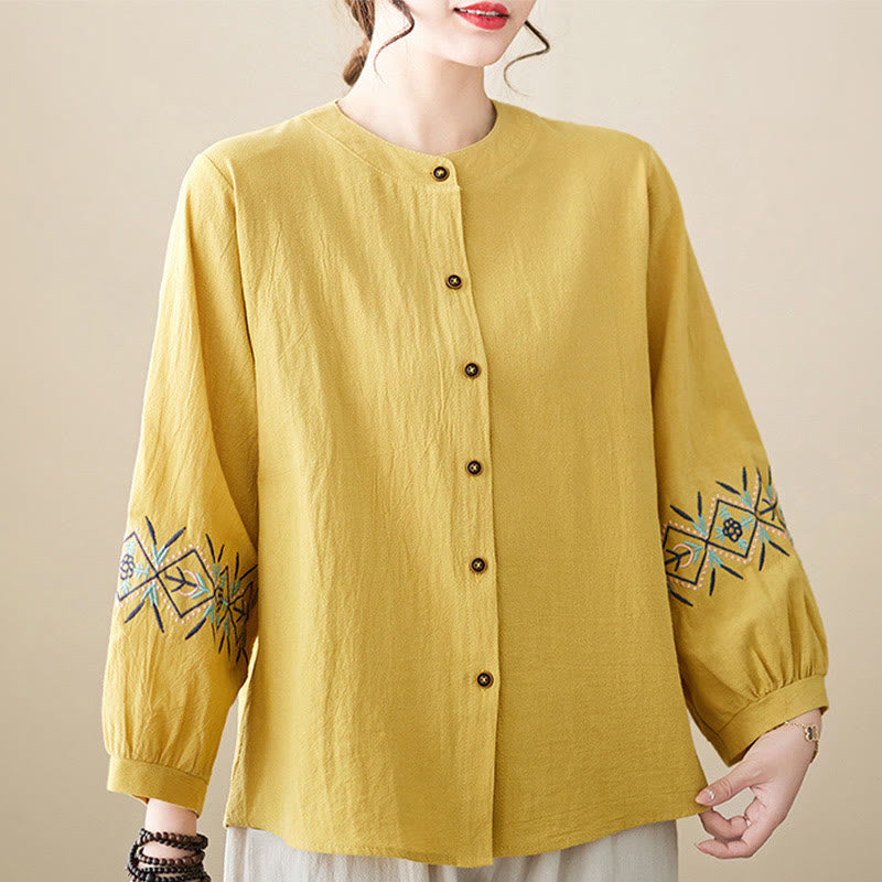 Camisas de mujer de lino y algodón con botones y manga larga con bordado geométrico de Buddha Stones - Amarillo - US12, UK/AU16, EU44 (3XL) - image 0