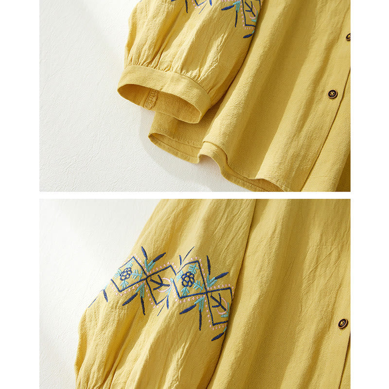 Camisas de mujer de lino y algodón con botones y manga larga con bordado geométrico de Buddha Stones - image 7