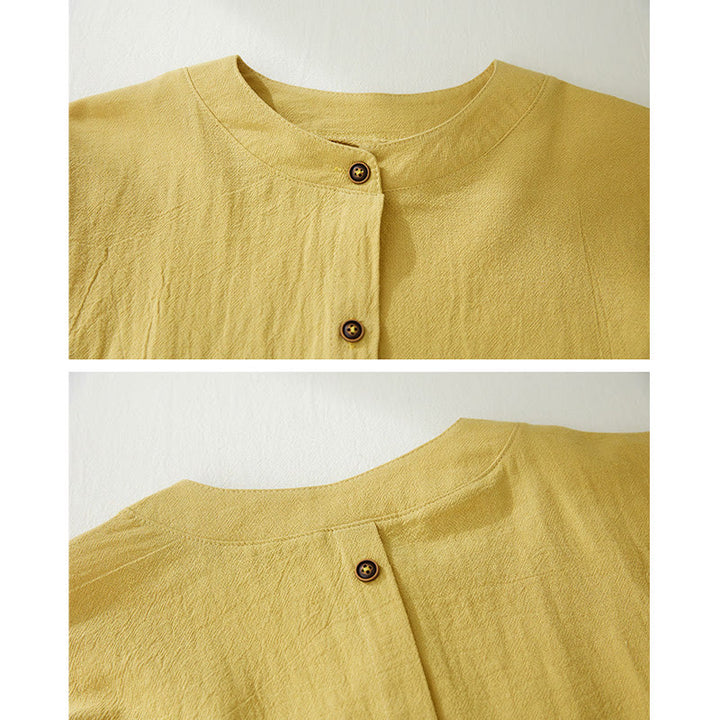 Camisas de mujer de lino y algodón con botones y manga larga con bordado geométrico de Buddha Stones - image 6