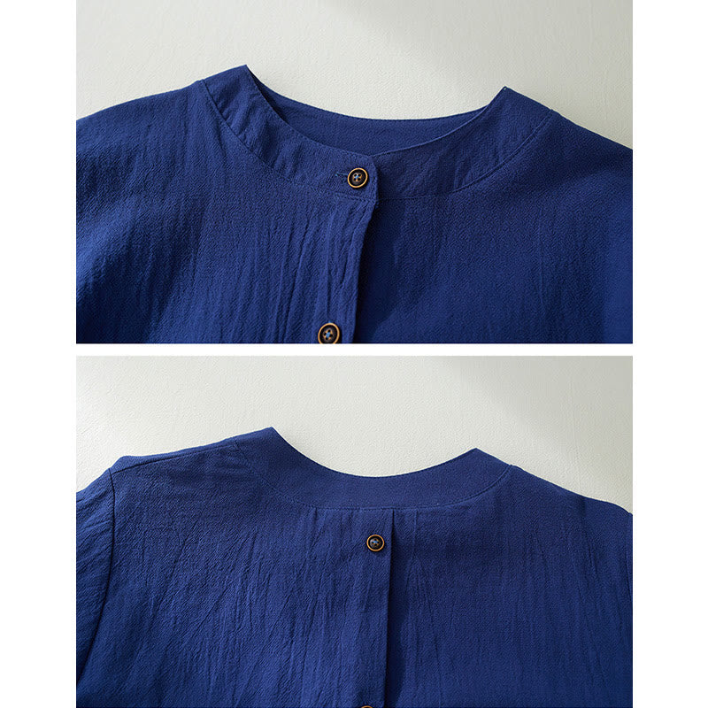 Camisas de mujer de lino y algodón con botones y manga larga con bordado geométrico de Buddha Stones