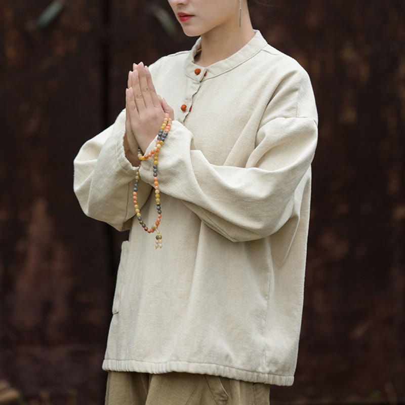 Camisa de lino y ramio de manga larga térmica de color sólido retro con Buddha Stones para mujer