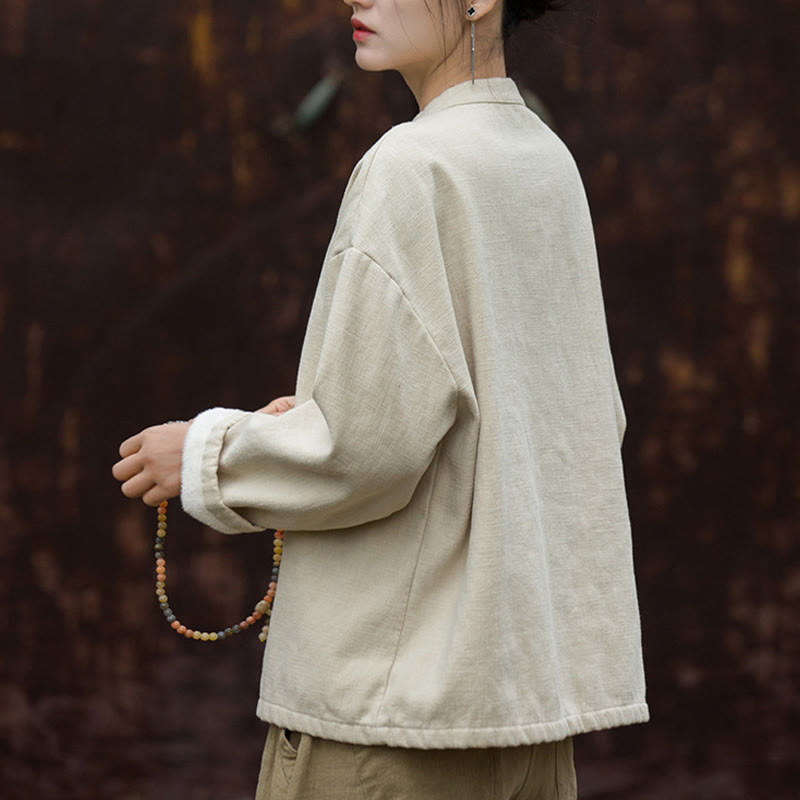 Camisa de lino y ramio de manga larga térmica de color sólido retro con Buddha Stones para mujer