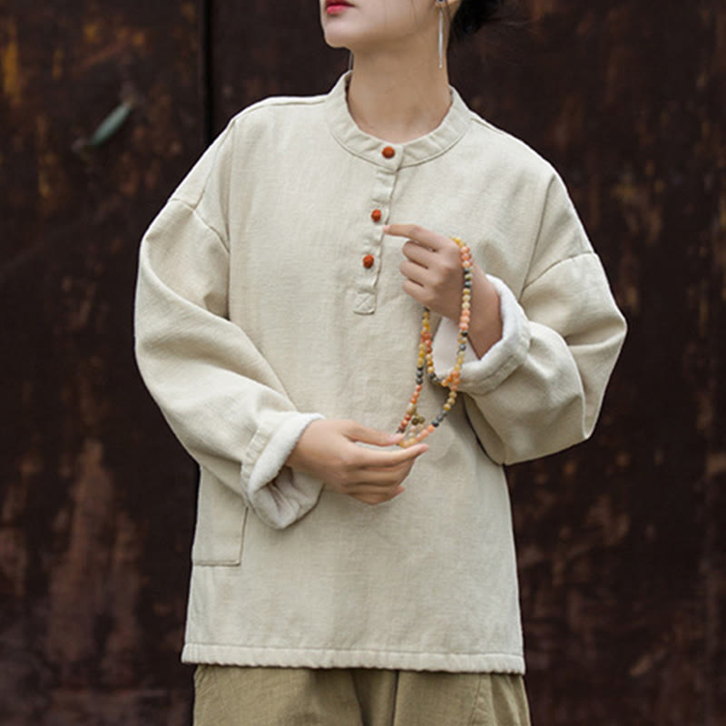 Camisa de lino y ramio de manga larga térmica de color sólido retro con Buddha Stones para mujer
