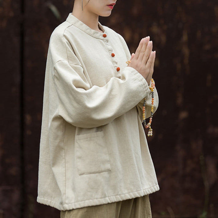 Camisa de lino y ramio de manga larga térmica de color sólido retro con Buddha Stones para mujer