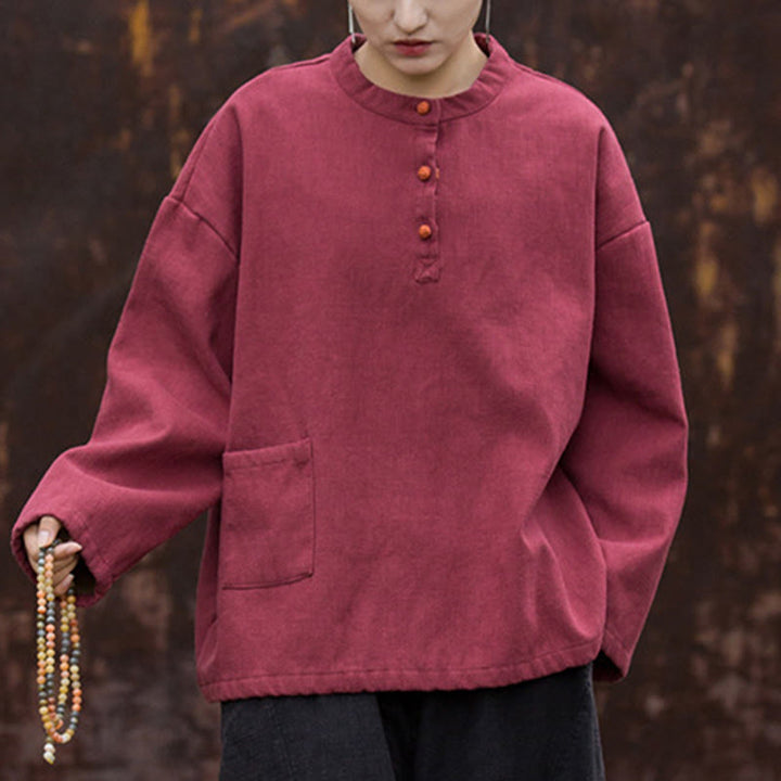 Camisa de lino y ramio de manga larga térmica de color sólido retro con Buddha Stones para mujer